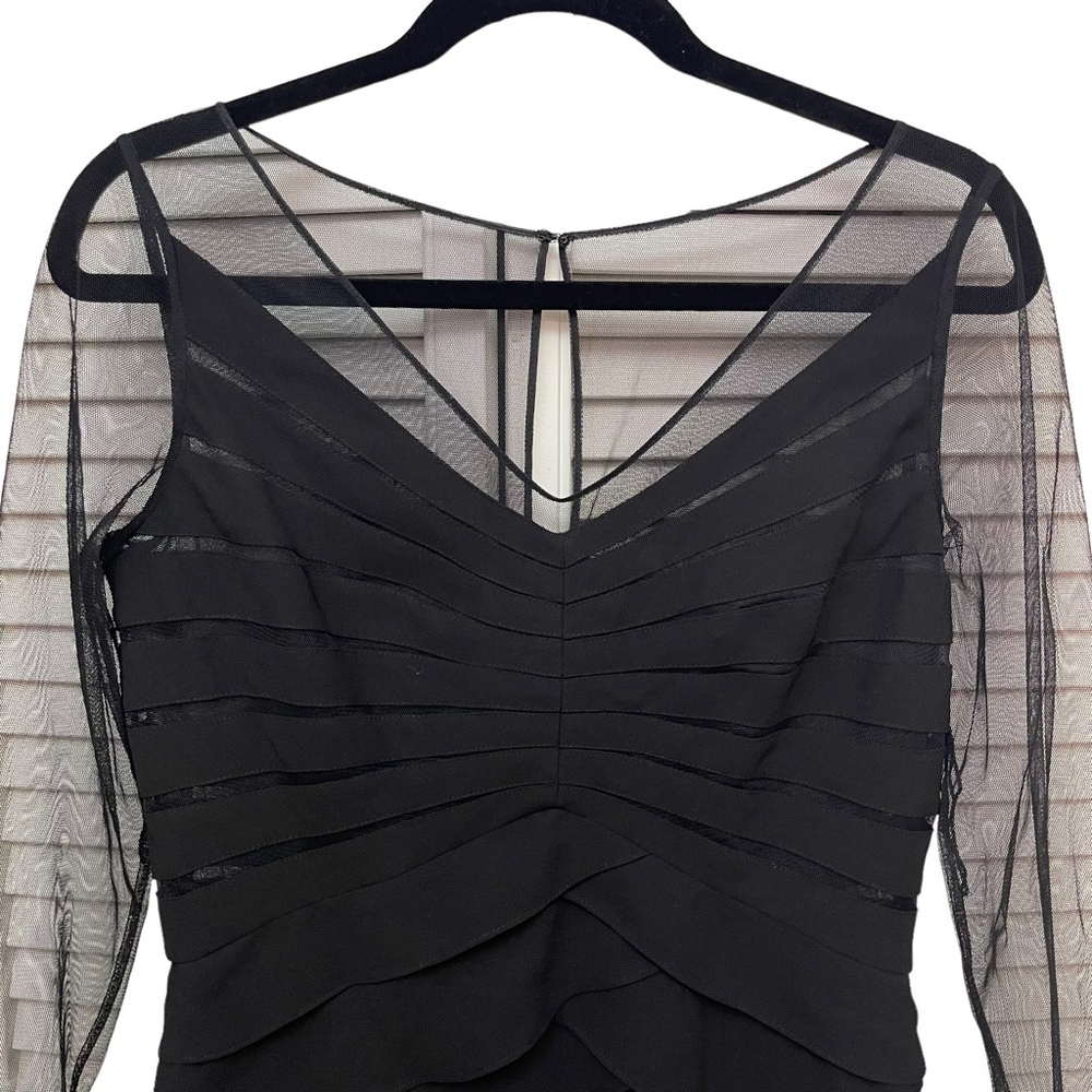 Adrianna Papell Long Sleeve Mesh Tiered Raffled Black Midi Dress Size 8 - Picture 4 of 10